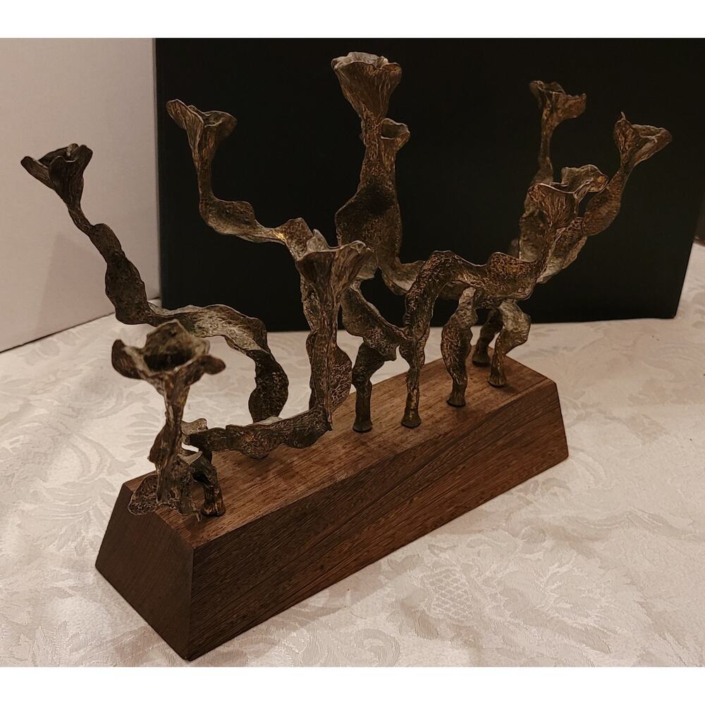 Sculptural Brutalist Menorah, 1970s by Designer Menachem Berman, Bronze and Wood